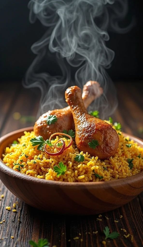 Steaming bowl of jollof rice with grilled chicken